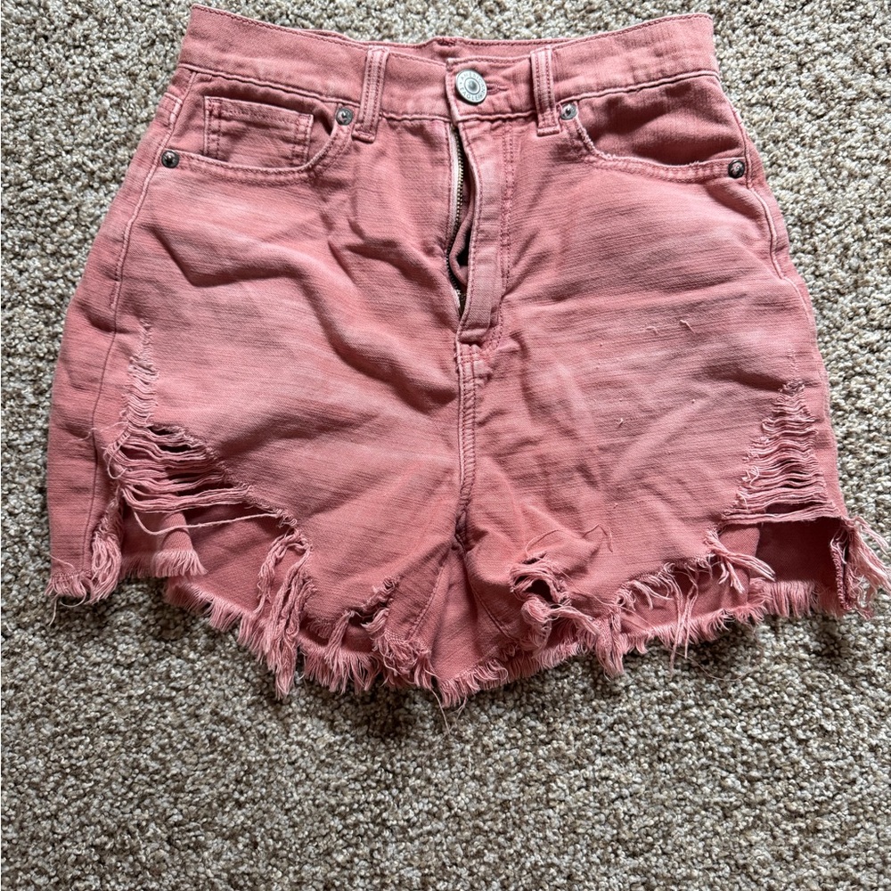 American Eagle Outfitters Distressed Rose-Pink High-Rise Denim Shorts